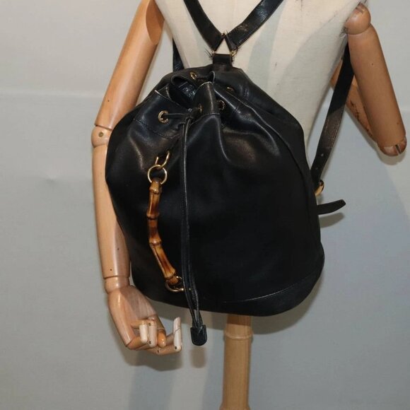 GUCCI Bamboo Backpack Leather Black Gold - Picture 1 of 16